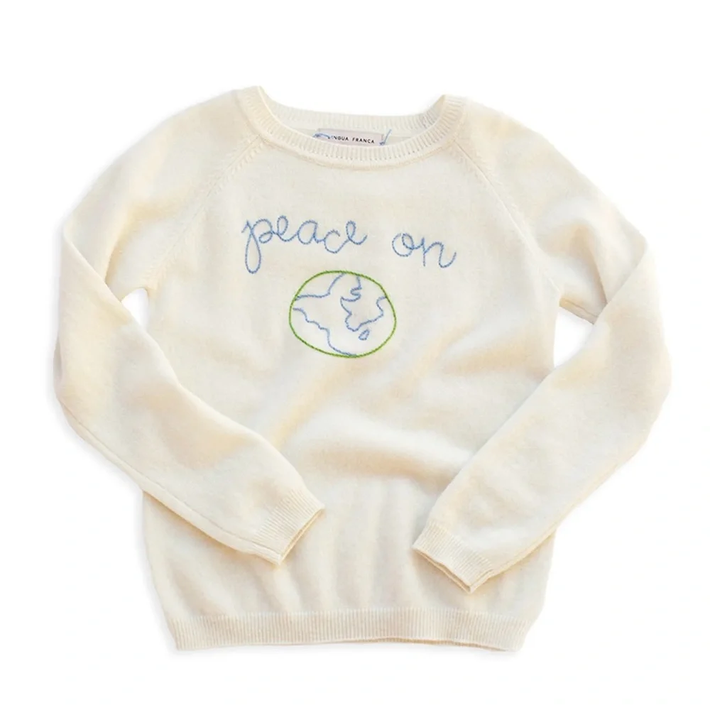 Lingua Franca Peace on Earth Kids Cashmere Crew Sweater Hand Embroidered Ivory